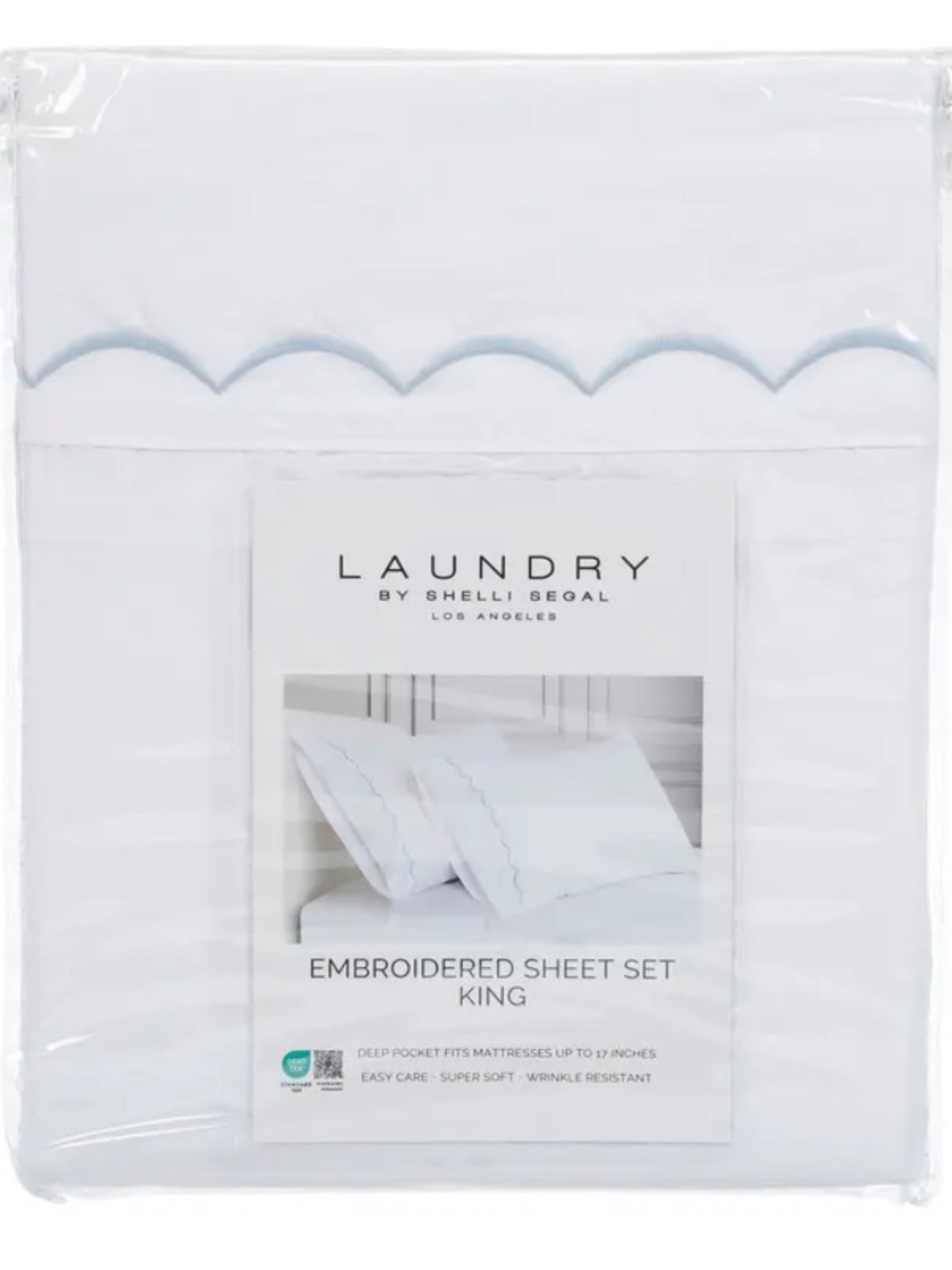 Laundry By Shelli Segal White Sheet Set with Light Blue Scalloped Embroidery